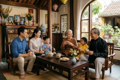 Gia đình Việt Nam quây quần ấm cúng thể hiện sự gắn kết khi tìm hiểu nhâm ngọ 1942 hợp tuổi nào trong phong thủy