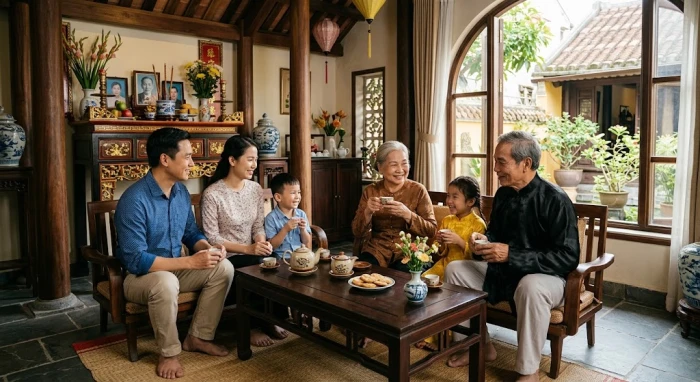 Gia đình Việt Nam quây quần ấm cúng thể hiện sự gắn kết khi tìm hiểu nhâm ngọ 1942 hợp tuổi nào trong phong thủy