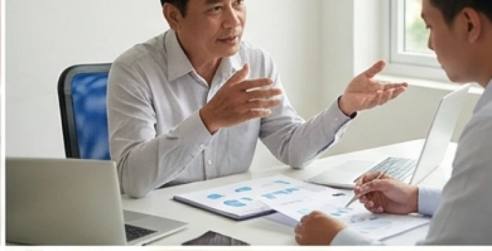 Người cố vấn dày dặn kinh nghiệm đang hướng dẫn và chia sẻ giải pháp quản lý cho đối tác trẻ tuổi