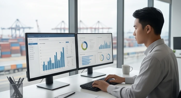 Chuyên viên vận tải đang điều phối luồng hàng hóa trên hệ thống quản lý logistics