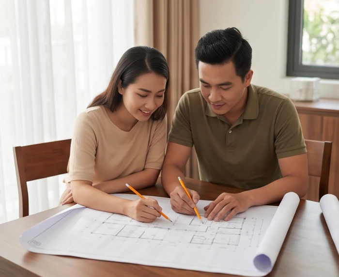 Cặp đôi vợ chồng trẻ đang cùng nhau xem bản vẽ thiết kế ngôi nhà mới trong không gian ngập tràn ánh sáng