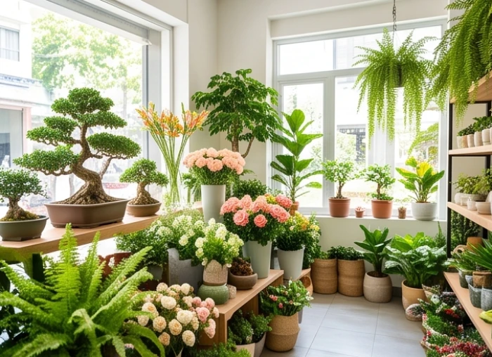 Một góc cửa hàng bán cây cảnh phong thủy và hoa tươi ngập tràn ánh sáng mặt trời tự nhiên
