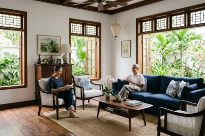 Phối cảnh phòng khách tông trắng và xanh dương phong cách Việt Nam gợi ý người sinh năm nhâm thìn 1952 hợp màu gì