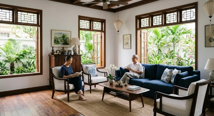 Phối cảnh phòng khách tông trắng và xanh dương phong cách Việt Nam gợi ý người sinh năm nhâm thìn 1952 hợp màu gì
