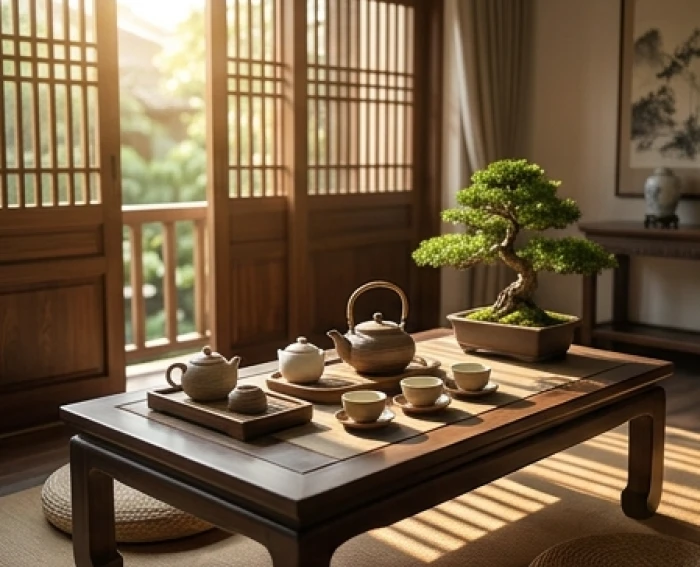 Góc trà đạo yên tĩnh với bộ ấm chén sứ cao cấp tượng trưng cho sự an nhàn của người tuổi Nhâm Thìn 1952