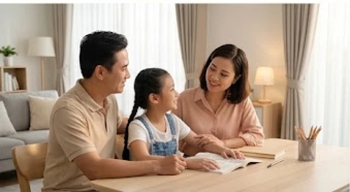 Bố mẹ cùng con Nhâm Thìn trò chuyện thân tình bên bàn học thể hiện sự hòa hợp ngũ hành và đồng cảm