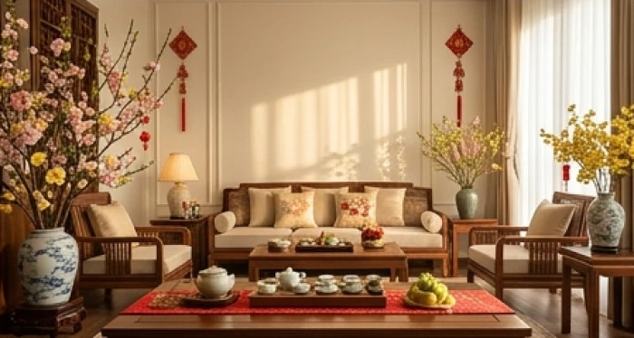 Phòng khách truyền thống đón xuân sang trọng thể hiện cách ứng dụng nhâm tý 1972 hợp tuổi nào khi chọn người xông đất