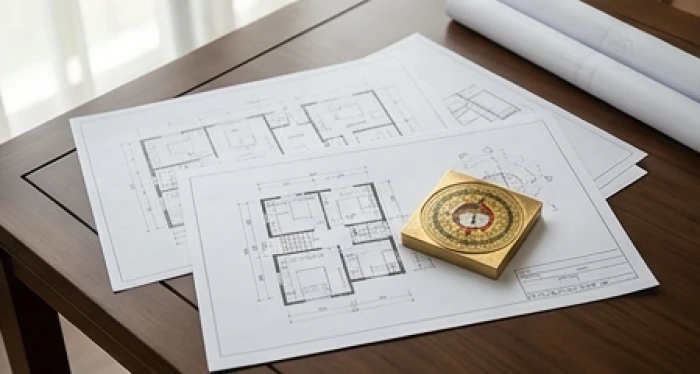 Mô hình bản vẽ kiến trúc nhà ở trên bàn gỗ minh họa việc tìm hiểu nhâm tý 1972 hợp tuổi nào để mượn tuổi xây dựng