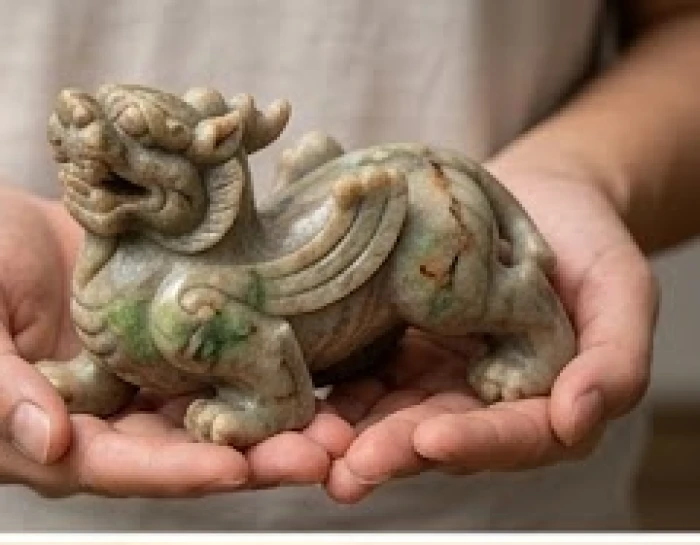 Bề mặt tượng tỳ hưu đá tự nhiên có các đường vân mây và rạn nứt nhỏ bên trong