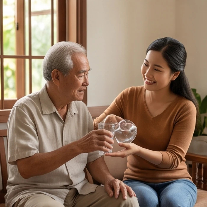 Cô gái trẻ mỉm cười rót nước mời ông nội với thái độ ôn hòa giúp bầu không khí căng thẳng dịu xuống