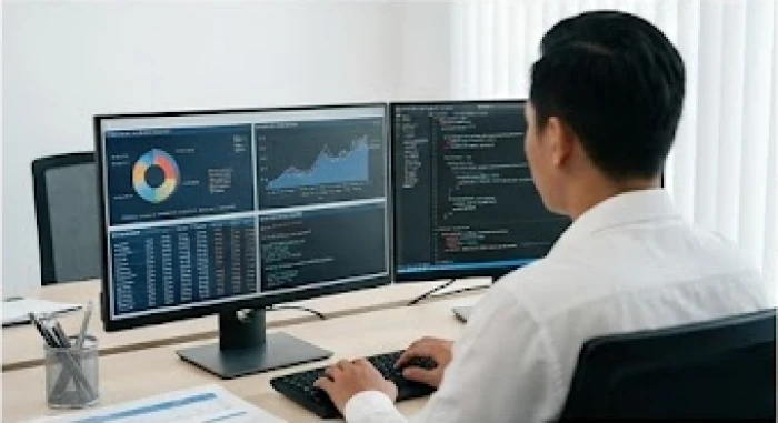 Chuyên viên phân tích xử lý mô hình đánh giá rủi ro tài chính trên màn hình máy tính với sự tập trung cao độ