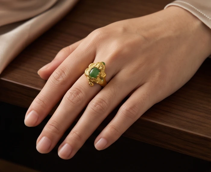 Nhẫn vàng 24K đúc hình thiềm thừ đính ngọc bích đeo tay với đầu cóc xoay hướng vào phía trong cổ tay