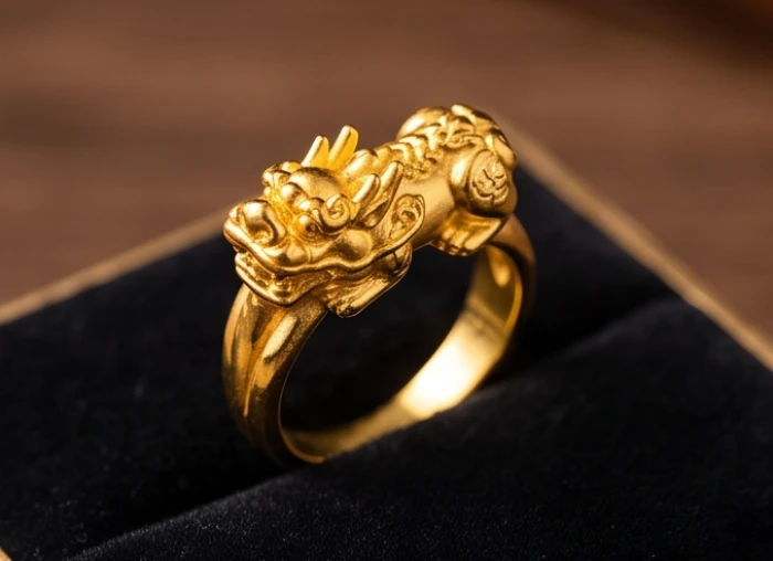Chiếc nhẫn vàng 18K đúc hình Tỳ Hưu tinh xảo phản chiếu ánh sáng rực rỡ tượng trưng cho sự giàu sang sung túc