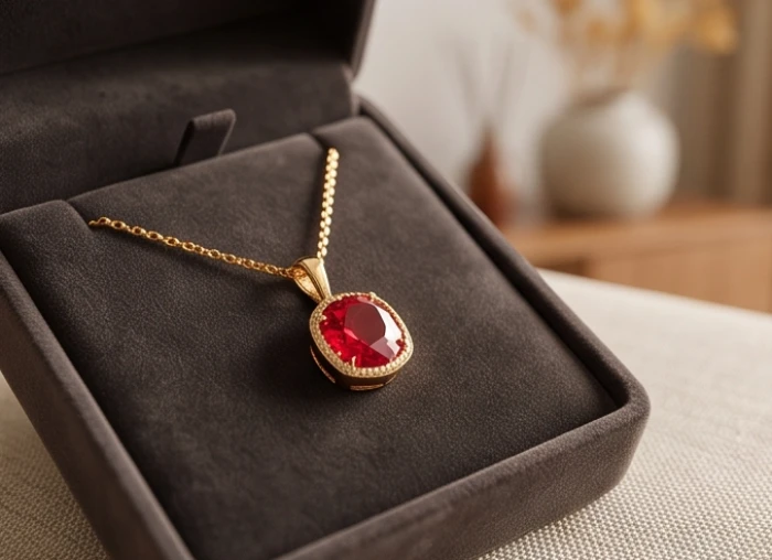 Mặt dây chuyền vàng thanh mảnh đính viên đá ruby đỏ rực rỡ và đá thạch anh hồng tinh tế trên hộp trang sức