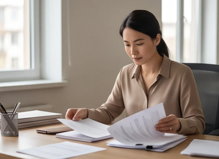 Một người phụ nữ đang tập trung xử lý hồ sơ công việc tại văn phòng tĩnh lặng