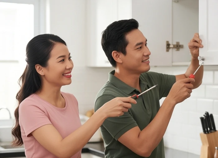 Người vợ mỉm cười đưa dụng cụ cho chồng đang sửa chữa bản lề tủ bếp để làm hòa một cách tự nhiên