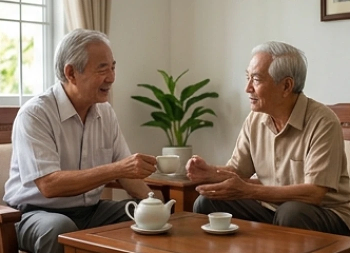 Người lớn tuổi có uy tín trong họ hàng trò chuyện khuyên nhủ ông bà uống trà hòa nhã tại phòng khách