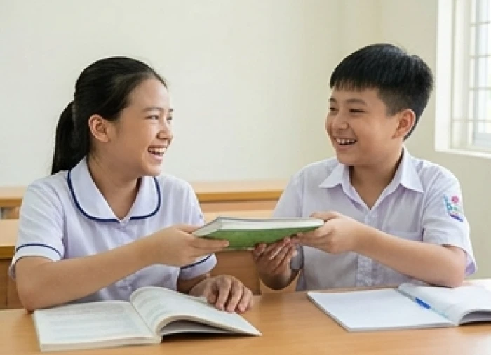 Đôi bạn học sinh chia sẻ tài liệu bài tập một cách vui vẻ thể hiện năng lượng ôn hòa của bộ ba tam hợp