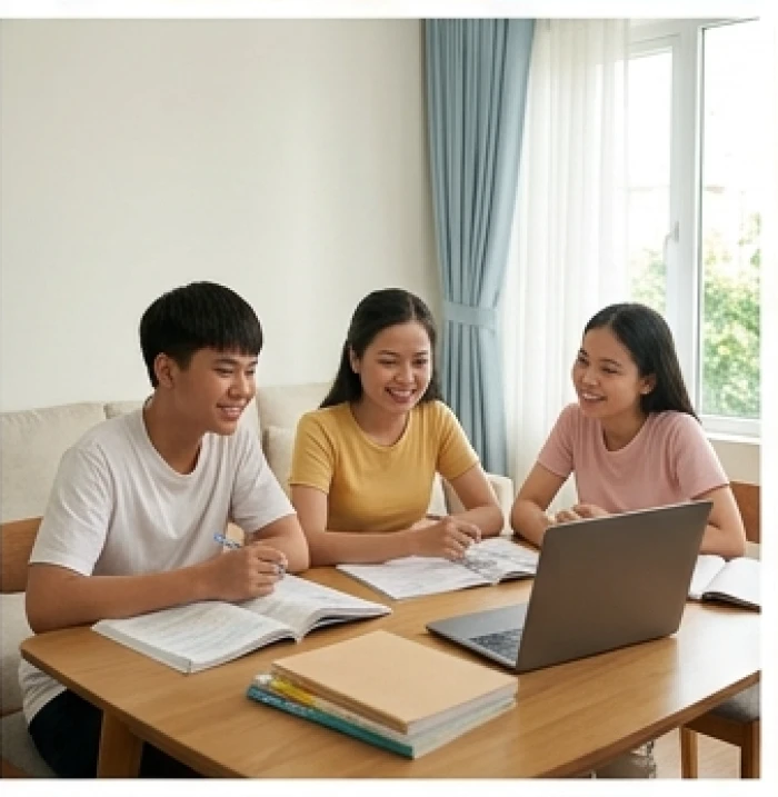 Nhóm bạn học sinh cùng học tập thảo luận bài vở trong niềm vui tại phòng khách gia đình