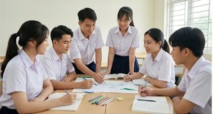 Nhóm học sinh trung học phổ thông cùng nhau thảo luận bài tập dự án trong không gian lớp học tự quản