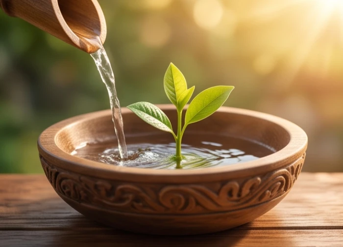 Dòng nước trong vắt chảy vào chiếc bát gỗ tưới mát cho mầm cây xanh non đại diện cho mối quan hệ tương sinh tương trợ