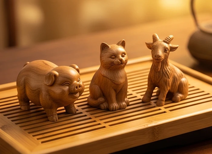 Ba bức tượng gỗ chạm khắc hình heo, mèo và dê đặt chung trên một khay trà