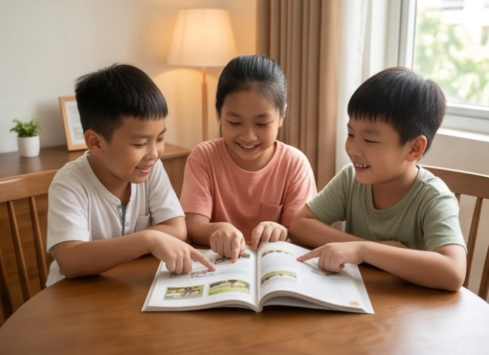 Ba nhóm học sinh thảo luận bài tập vui vẻ thể hiện năng lượng của nhóm tam hợp