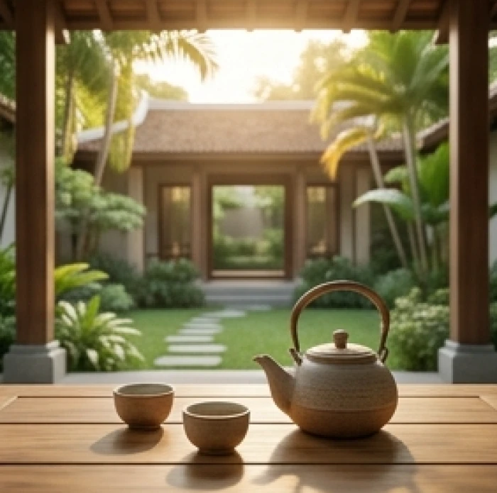 Góc trà chiều thanh bình trong sân vườn ấm cúng tượng trưng cho sự bình yên và viên mãn ở tuổi trung niên