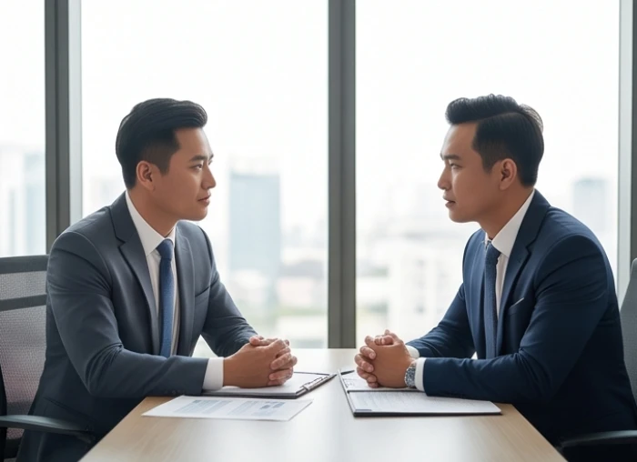 Buổi trao đổi công việc căng thẳng giữa hai đối tác kinh doanh tại phòng họp văn phòng công ty