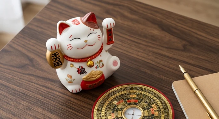 Tượng mèo thần tài gốm sứ đặt nhầm trên bàn làm việc gây xung khắc trường khí với gia chủ tuổi dậu