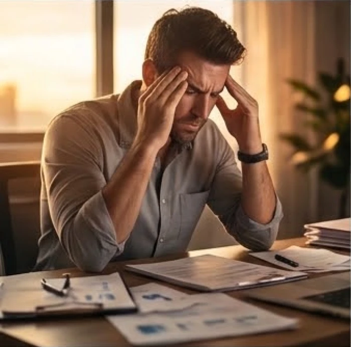 Người đàn ông nhíu mày bóp trán thể hiện sự căng thẳng khi ngồi trước bàn làm việc với nhiều giấy tờ lộn xộn
