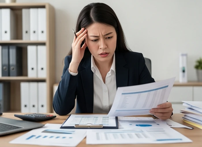Nữ nhân viên đang tỏ ra vô cùng căng thẳng khi xem xét lại các báo cáo tài chính trên bàn làm việc
