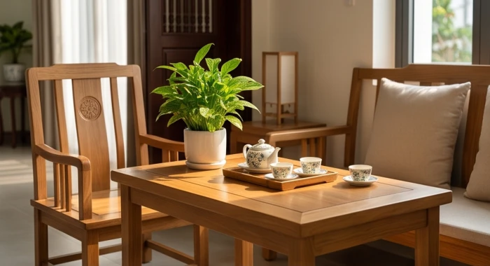 Bộ bàn ghế trà bằng gỗ tự nhiên kết hợp chậu cây xanh trong phòng sinh hoạt của người bản mệnh Hỏa