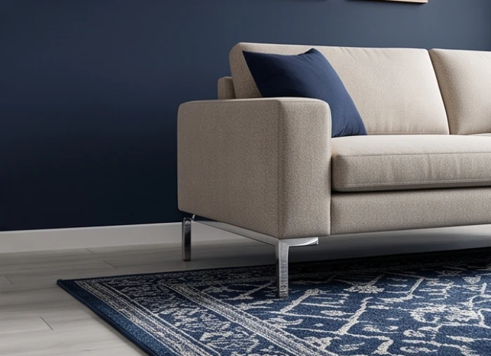 Bộ sofa có chân đế bằng inox sáng bóng đặt nổi bật trên nền thảm và mảng tường trang trí màu xanh navy