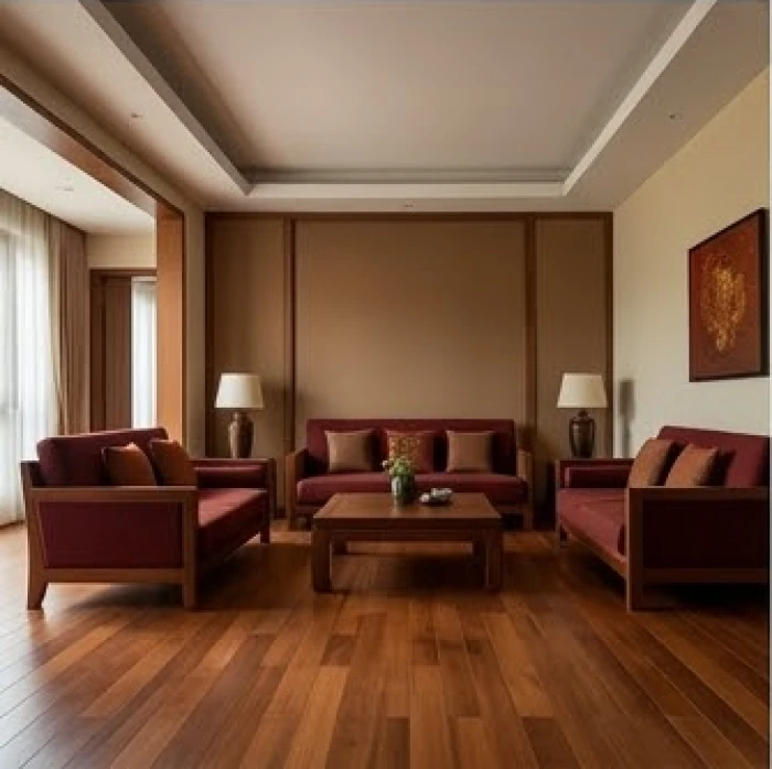 Không gian phòng khách trang trí màu nâu đất và đỏ trầm mang lại năng lượng tương sinh cho mệnh Thổ