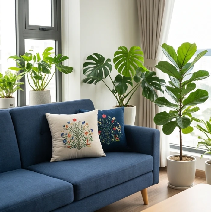 Phòng khách hiện đại được trang trí với sofa màu xanh dương và cây xanh hợp mệnh Tùng Bách Mộc