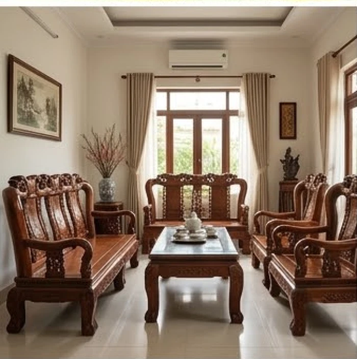 Không gian phòng khách khang trang với bộ bàn ghế gỗ chạm trổ tinh xảo thể hiện sự ổn định gia đạo