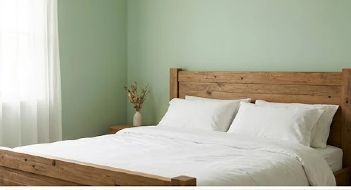 Góc phòng ngủ yên bình với mảng tường sơn xanh lá cây nhạt kết hợp giường gỗ mộc mạc và ga trải giường màu trắng