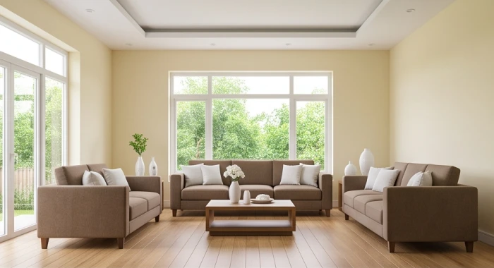 Phòng khách ấm cúng tường vàng kem nhạt kết hợp bộ sofa nâu đất nuôi dưỡng vượng khí cho người mệnh Kim Bạch Kim