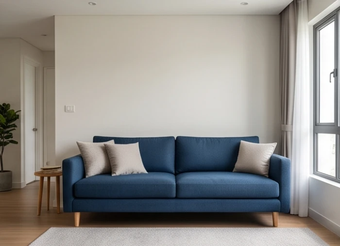 Sofa phòng khách màu xanh nước biển đậm làm điểm nhấn nền tảng thu hút vượng khí cho gia chủ Kỷ Hợi