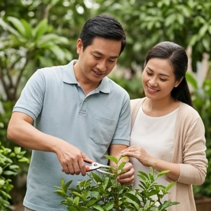 Người chồng đang ân cần chăm sóc khu vườn nhỏ cùng vợ mang lại cảm giác bình yên và gắn kết