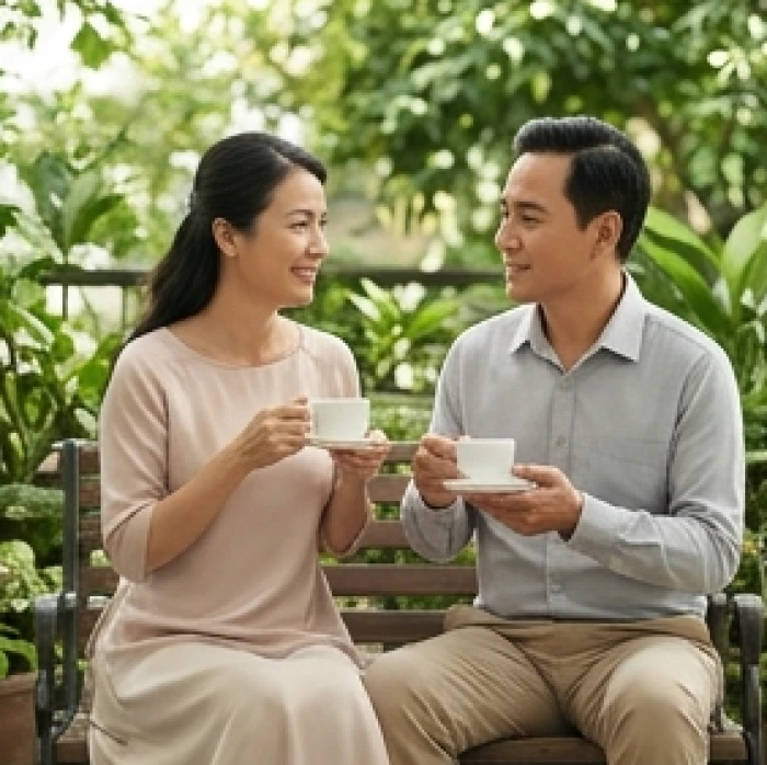 Người vợ Ất Sửu cùng chồng thảnh thơi trò chuyện trong sân vườn ấm cúng tạo phước lành Sinh Khí