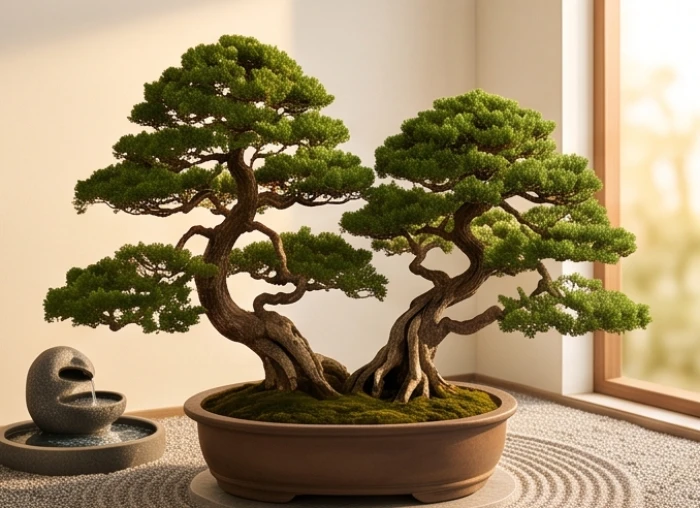 Hai thân cây cổ thụ đan xen vào nhau vươn lên đón ánh nắng mặt trời rực rỡ