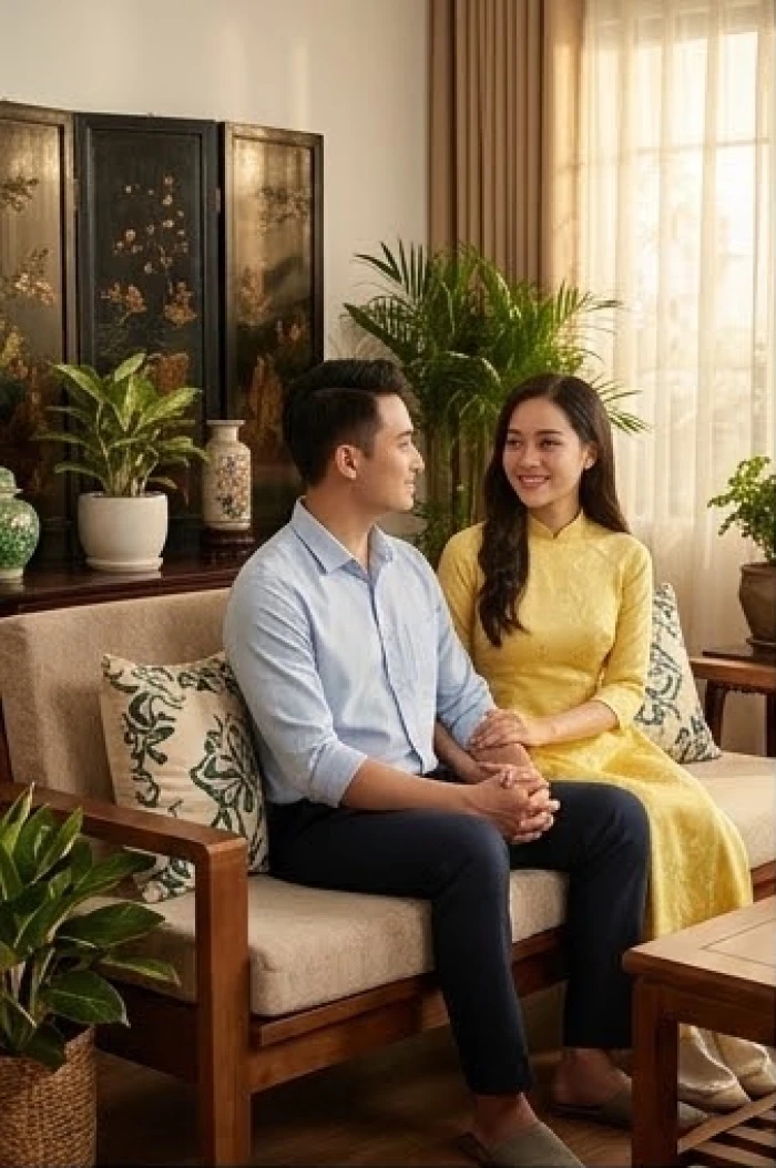 Người chồng che chở cho vợ trong một không gian gia đình ấm cúng và đầy sự tĩnh lặng, vững chãi