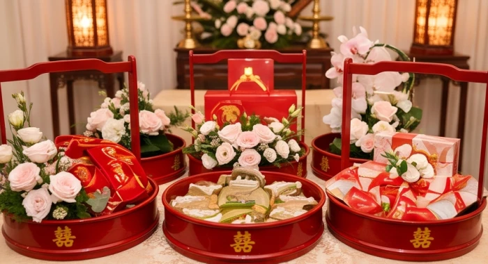 Lễ vật cưới hỏi truyền thống Việt Nam được bày biện tinh tế tượng trưng cho sự hòa hợp lứa đôi