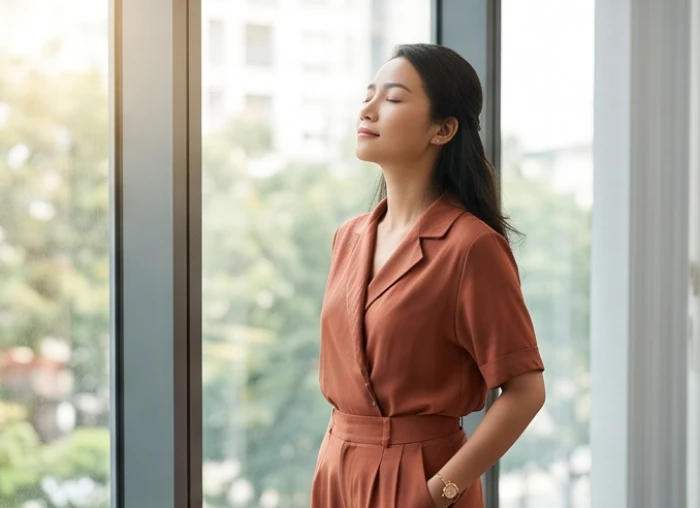 Nữ chuyên viên trẻ tuổi Ất Hợi nhắm mắt hít thở sâu bên cửa sổ để bình tĩnh lại sau những căng thẳng công việc