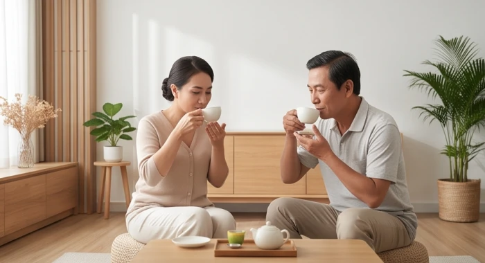 Vợ chồng sum vầy trong phòng khách ấm cúng thể hiện gia đạo hòa thuận khi chọn tuổi kết hôn hợp cung Bát trạch