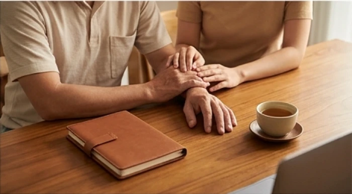 Người phụ nữ bính dần cùng chồng xem lại sổ sách chi tiêu trong không gian gia đình ấm cúng