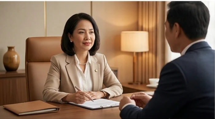 Nữ doanh nhân tuổi Bính Thìn thảo luận hợp đồng cùng đối tác tin cậy trong không gian làm việc hiện đại và sang trọng