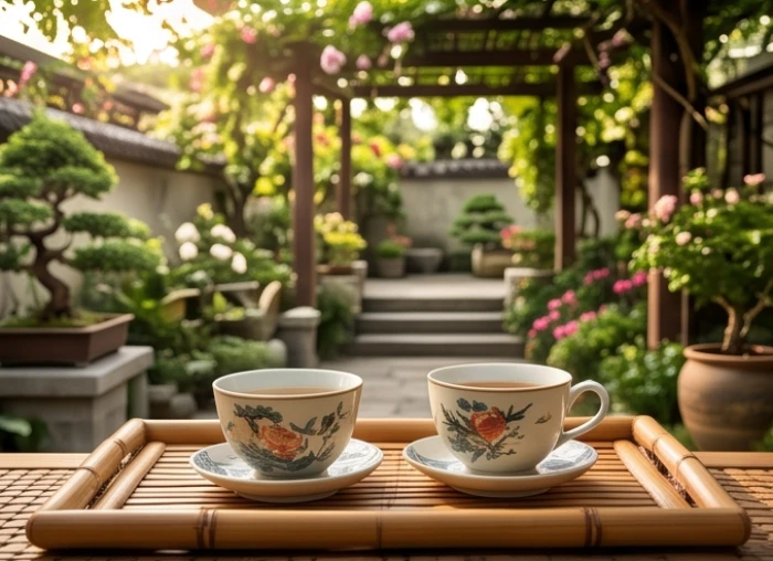 Cặp đôi cao tuổi thư giãn và uống trà trong không gian sân vườn thanh bình